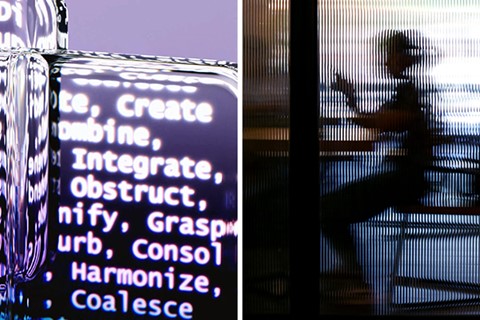 Delad bild: textklätt objekt och suddig person med laptop.