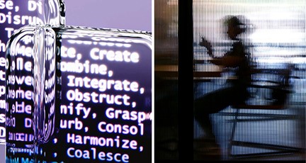 Delad bild: textklätt objekt och suddig person med laptop.