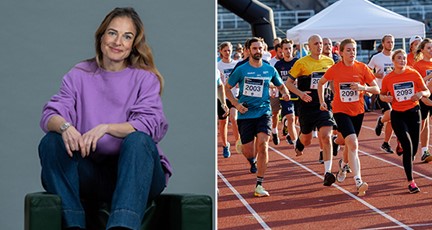 Delad bild - leende kvinna i fåtölj till vänster. Personer som springer lopp till höger.