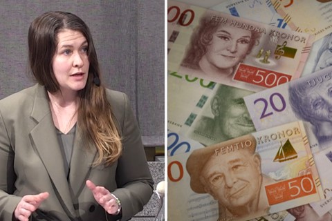 Ihopklippt bild, till vänster kvinna i kavaj, till höger en hög med svenska kontanter