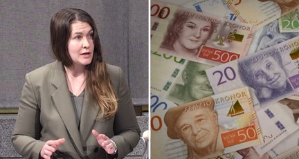 Ihopklippt bild, till vänster kvinna i kavaj, till höger en hög med svenska kontanter